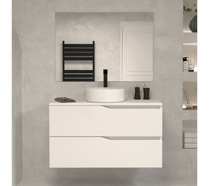Meuble De Salle De Bain 100 Avec Plateau Et Vasque à Poser - 2 Tiroirs - Blanc - Luna