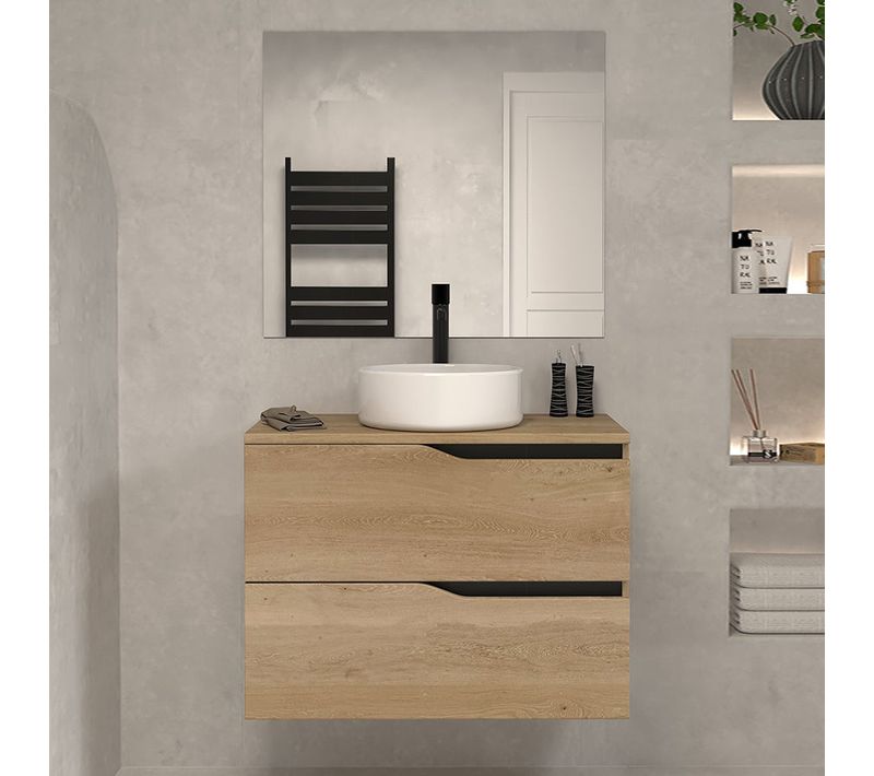 Meuble De Salle De Bain 60 Avec Plateau Et Vasque à Poser - 2 Tiroirs - Madera Miel - Luna