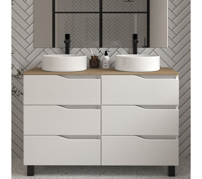 Meuble De Salle De Bain 120 Avec Plateau Miel Et Vasque à Poser - Sans Miroir - 6 Tiroirs - Blanc