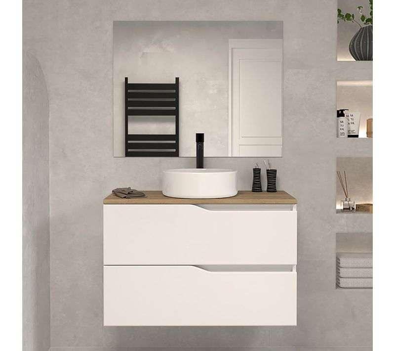Meuble De Salle De Bain 80 Avec Plateau Miel Et Vasque à Poser - 2 Tiroirs - Blanc - Luna