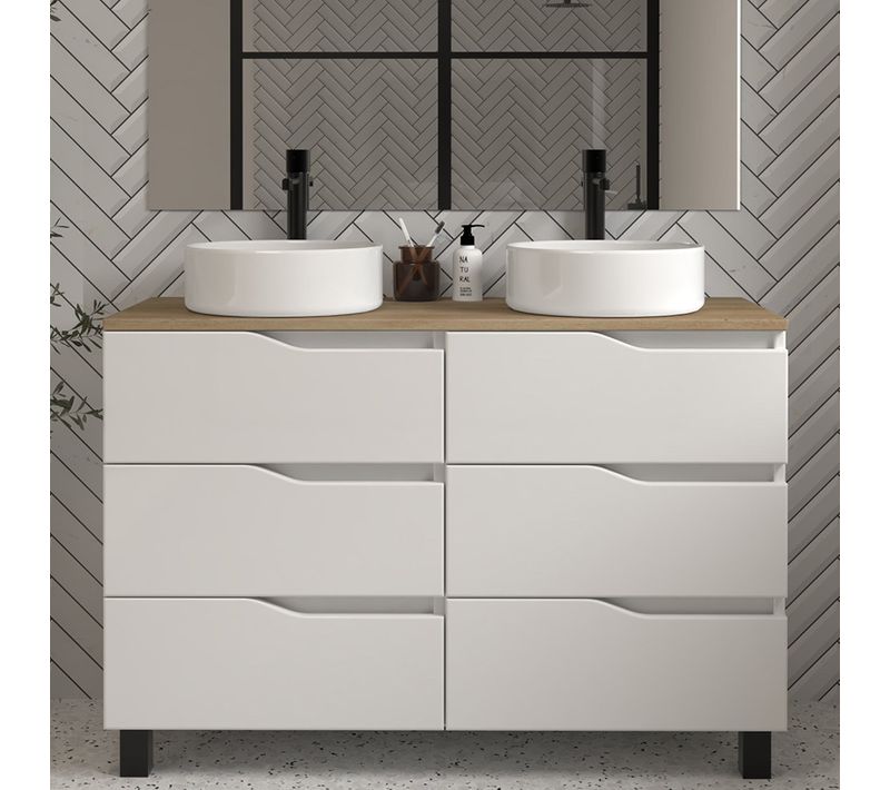 Meuble De Salle De Bain 120 Avec Plateau Miel Et Vasque à Poser - 6 Tiroirs - Blanc - Mata