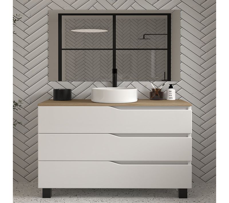 Meuble De Salle De Bain 120 Avec Plateau Miel Et Vasque à Poser - 3 Tiroirs - Blanc - Mata