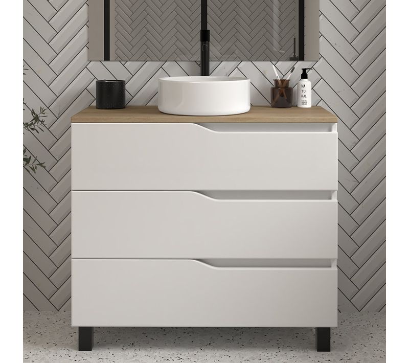 Meuble De Salle De Bain 80 Avec Plateau Miel Et Vasque à Poser - 3 Tiroirs - Blanc - Mata