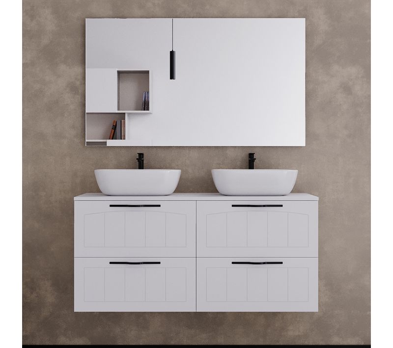 Meuble De Salle De Bain 120cm Avec Plateau Et Deux Vasques à Poser Ovales - 4 Tiroirs - Blanc - Pia