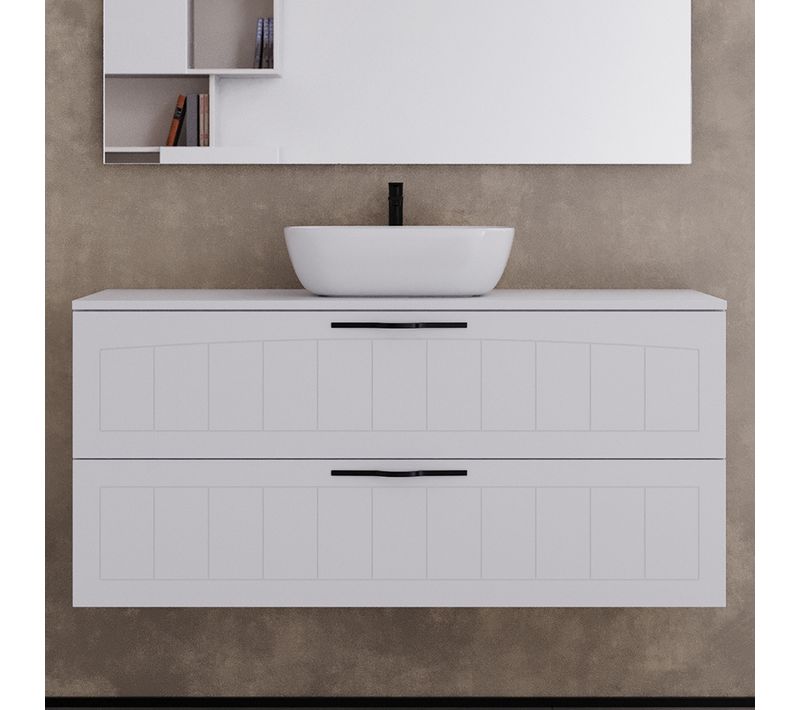 Meuble De Salle De Bain 120cm Avec Plateau Et Cuve Ovales  - 2 Tiroirs - Sans Miroir - Blanc - Pia