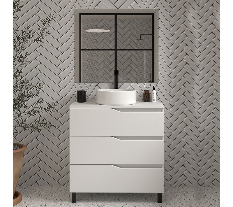 Meuble De Salle De Bain 70cm Avec Plateau Et Vasque à Poser - 3 Tiroirs - Blanc - Mata