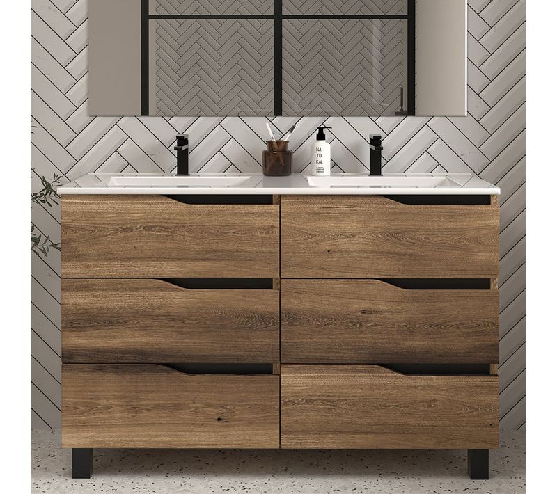 Meuble De Salle De Bain 140cm Double Vasque - 6 Tiroirs - Sans Miroir - Tabaco (bois Foncé) - Mata