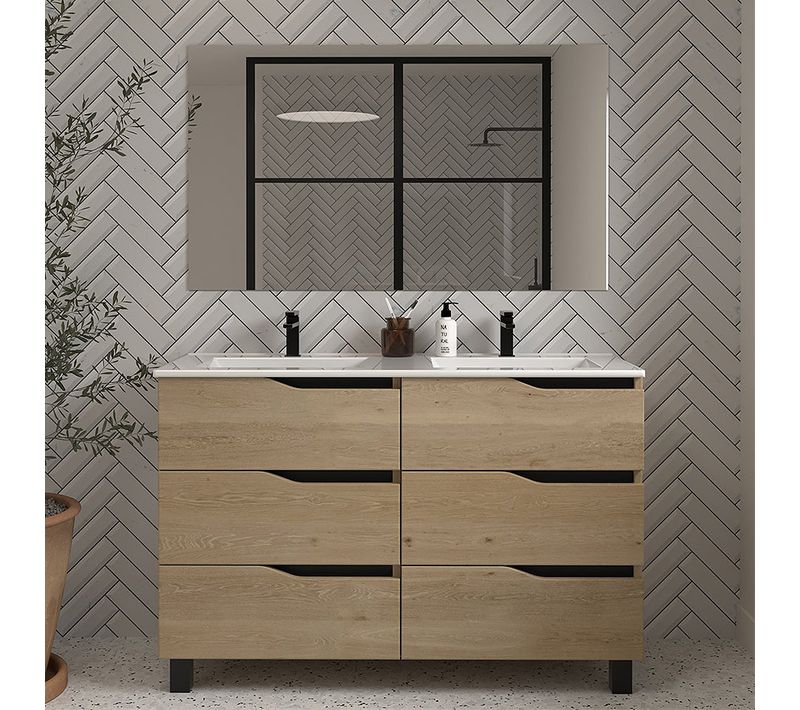 Meuble De Salle De Bain 140cm Double Vasque - 6 Tiroirs - Madera Miel (bois Clair) - Mata