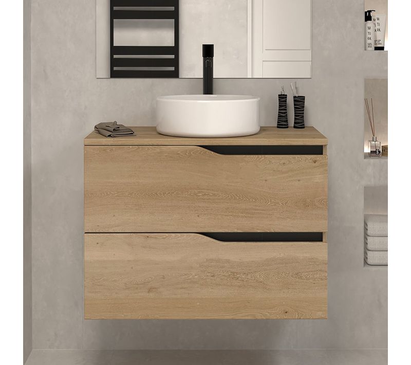 Meuble De Salle De Bain 70cm Avec Plateau Et Vasque à Poser - 2 Tiroirs - Sans Miroir - Madera Miel