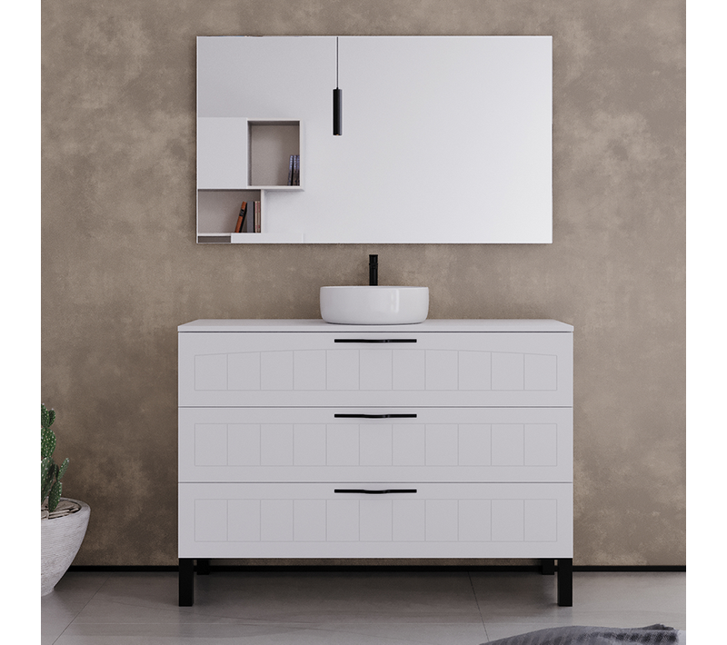 Meuble De Salle De Bain 120cm Avec Plateau Et Vasque à Poser Ronde - 3 Tiroirs - Blanc - Cala
