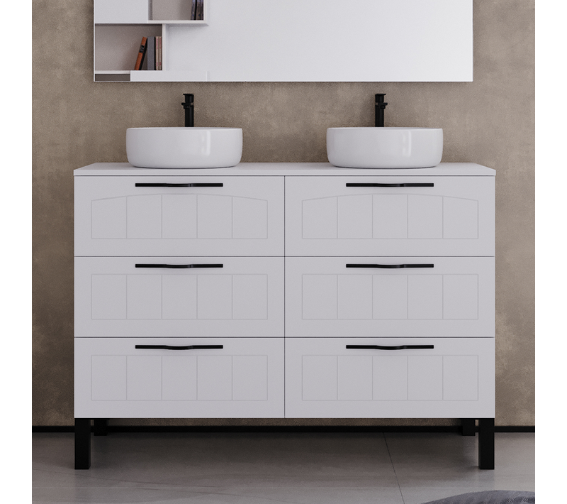 Meuble De Salle De Bain 120cm Avec Plateau Et Vasques Rondes - 6 Tiroirs - Sans Miroir - Blanc- Cala