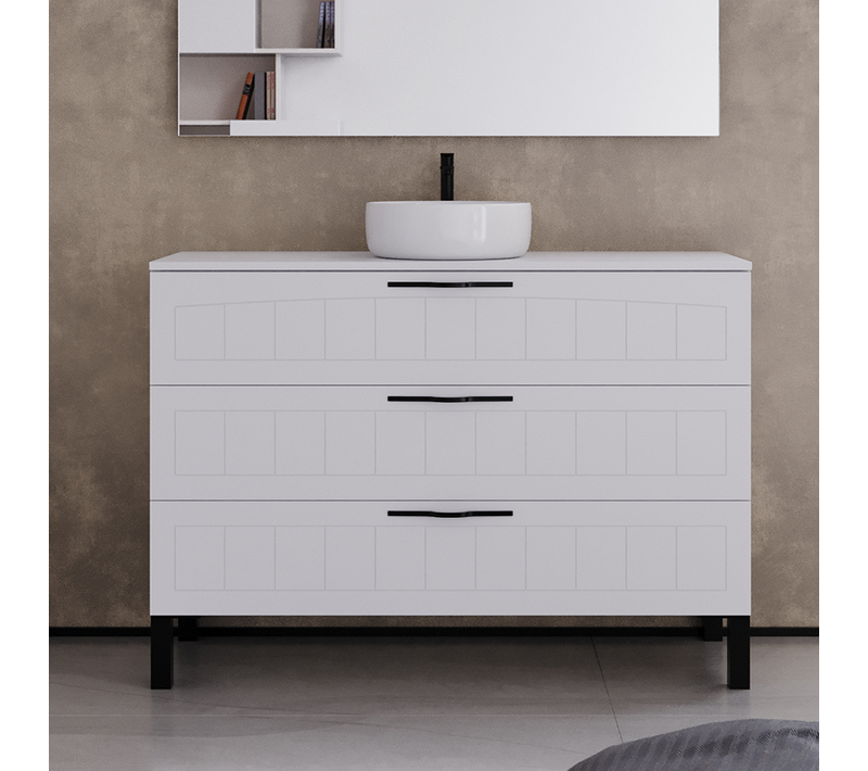 Meuble De Salle De Bain 120cm Avec Vasque à Poser Ronde - 3 Tiroirs - Sans Miroir - Blanc