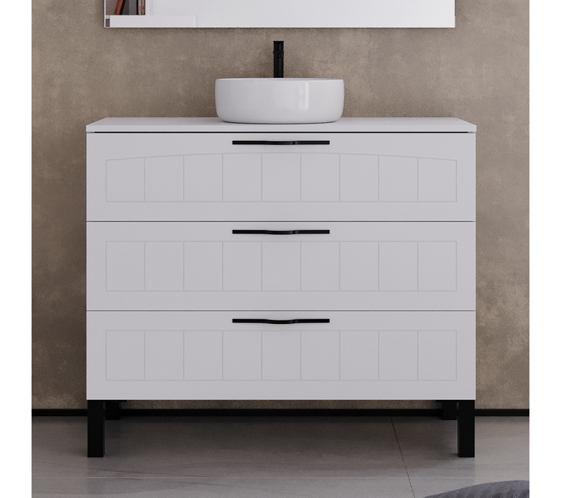 Meuble De Salle De Bain 90cm Avec Plateau Et Vasque à Poser Ronde - 3 Tiroirs - Sans Miroir - Blanc