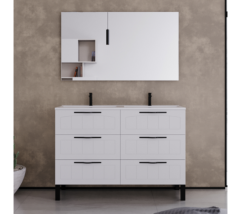 Meuble De Salle De Bain 120cm Double Vasque - 6 Tiroirs - Blanc - Cala