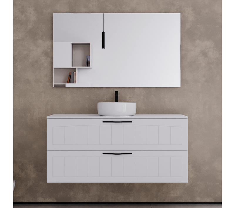 Meuble De Salle De Bain 120cm Avec Plateau Et Une Vasque à Poser Ronde - 2 Tiroirs - Blanc - Pia