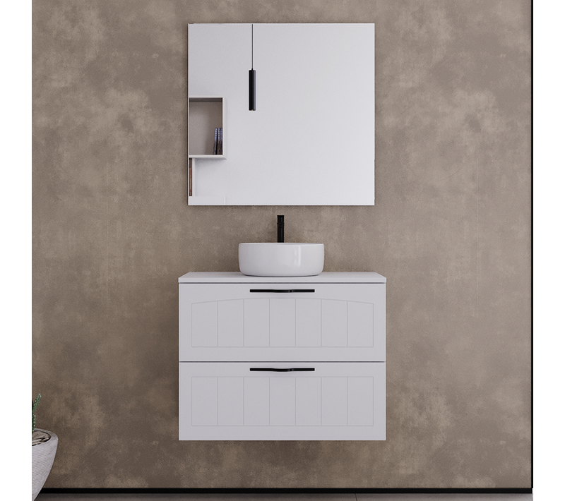 Meuble De Salle De Bain 60cm Avec Plateau Et Vasque à Poser Ronde - 2 Tiroirs - Blanc - Pia