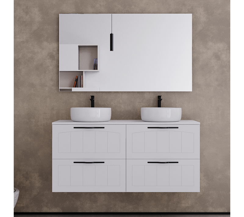 Meuble De Salle De Bain 120cm Avec Plateau Et Deux Vasques à Poser Rondes - 4 Tiroirs - Blanc - Pia