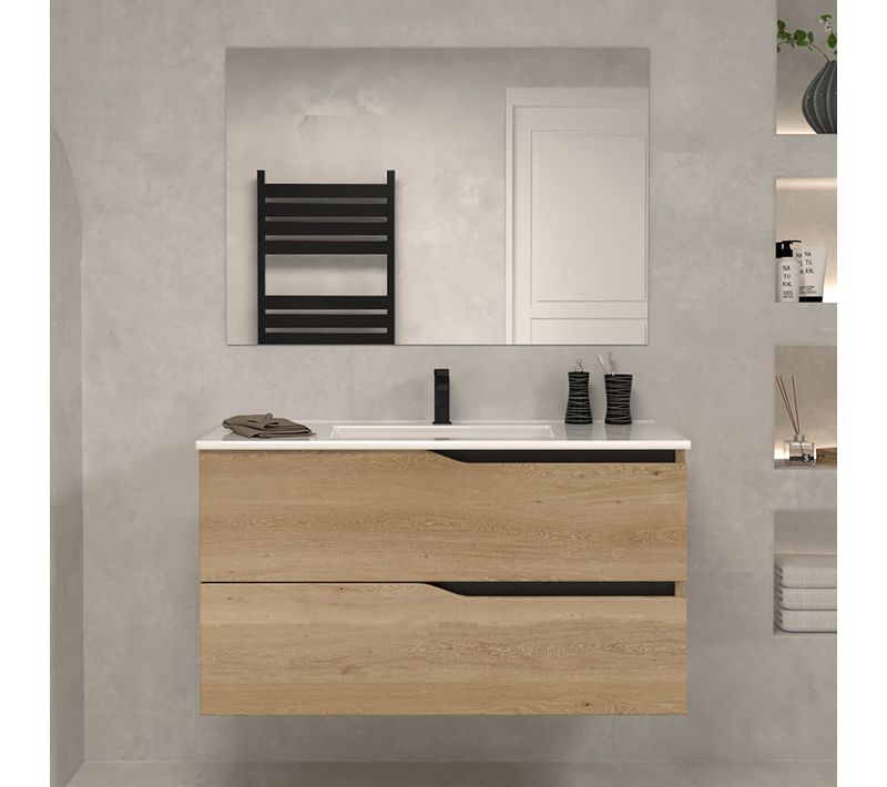 Meuble De Salle De Bain 90cm Simple Vasque - 2 Tiroirs - Madera Miel (chêne Clair) - Luna