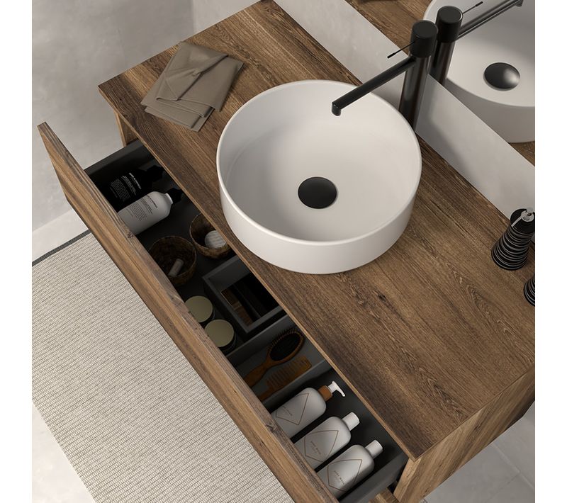 Meuble De Salle De Bain 90cm Avec Plateau Et Vasque à Poser - 2 Tiroirs - Sans Miroir - Chêne Foncé