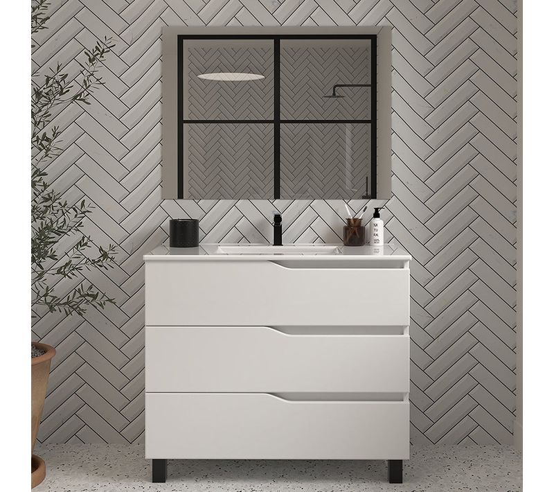 Meuble De Salle De Bain 90cm Simple Vasque - 3 Tiroirs - Blanc - Mata