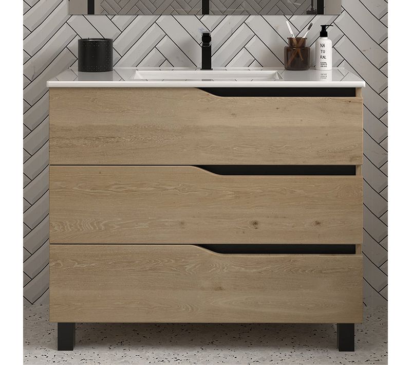Meuble De Salle De Bain 90cm Simple Vasque - 3 Tiroirs - Sans Miroir - Madera Miel (chêne Clair)