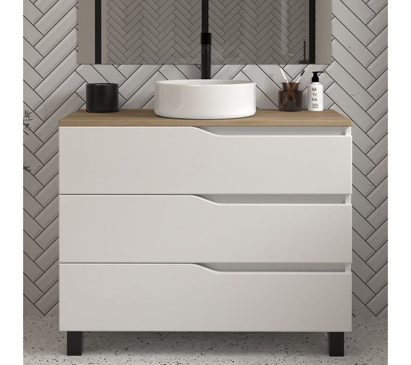 Meuble De Salle De Bain 90cm Avec Plateau Miel Et Vasque à Poser - 3 Tiroirs - Sans Miroir - Blanc