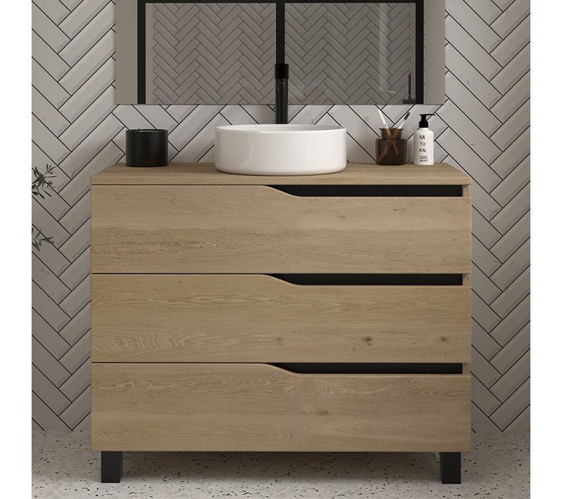 Meuble De Salle De Bain 90cm Avec Plateau Et Vasque à Poser - 3 Tiroirs - Sans Miroir - Madera Miel