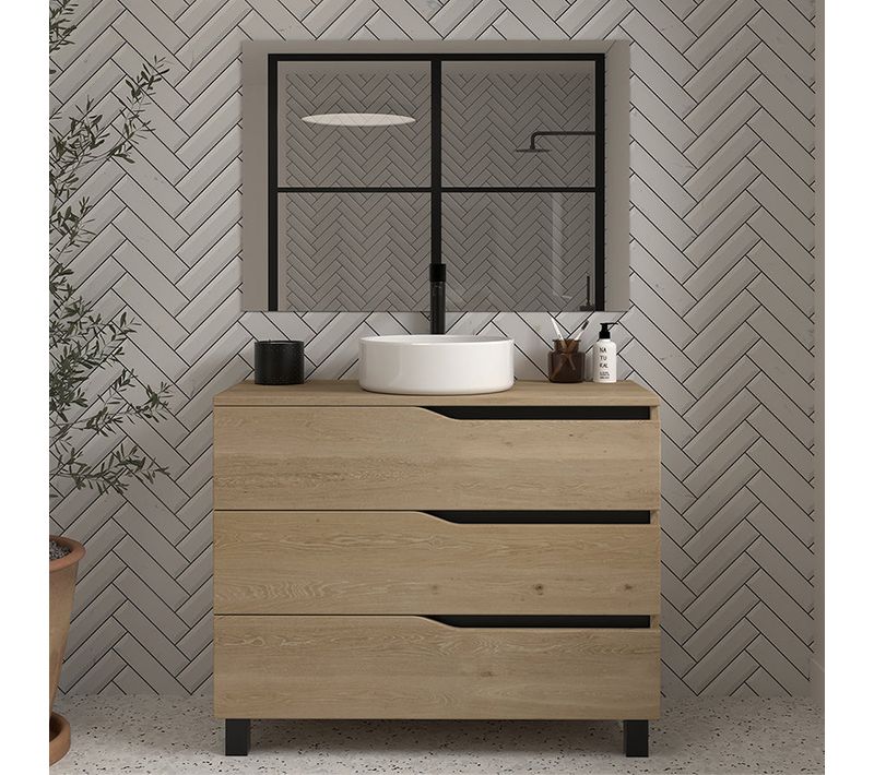 Meuble De Salle De Bain 90cm Avec Plateau Et Vasque à Poser - 3 Tiroirs - Madera Miel