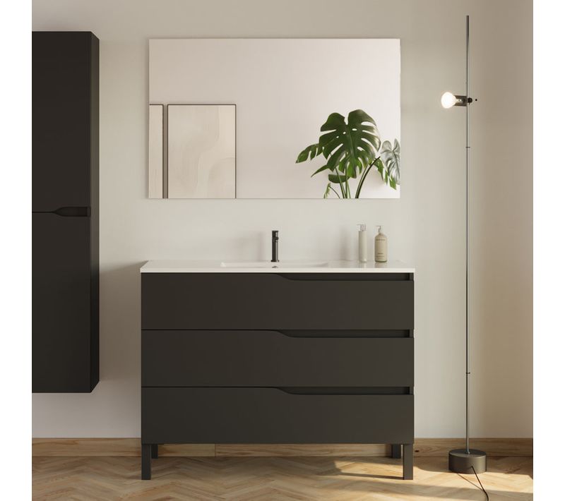 Meuble De Salle De Bain 100cm Simple Vasque - 3 Tiroirs - Noir - Mata