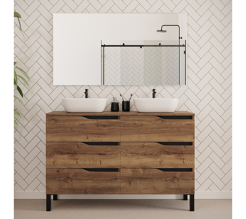 Meuble De Salle De Bain 120cm Avec Plateau Et Cuves - 6 Tiroirs - Tabaco - Mata