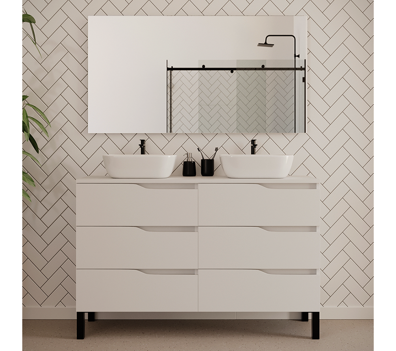 Meuble De Salle De Bain 120cm Avec Plateau Et Deux Vasques à Poser Zeus - 6 Tiroirs - Blanc - Mata