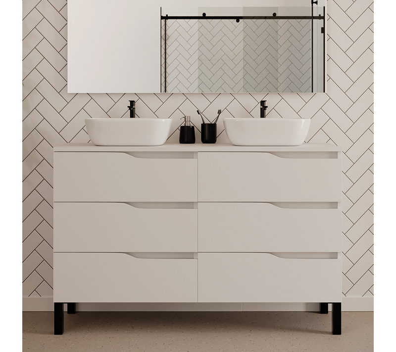 Meuble De Salle De Bain 120cm Avec Plateau Et Vasques à Poser - 6 Tiroirs - Blanc - Mata