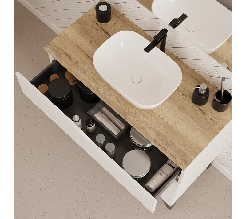 Meuble De Salle De Bain 100cm Avec Plateau Miel Et Cuve - 3 Tiroirs - Sans Miroir - Blanc - Mata