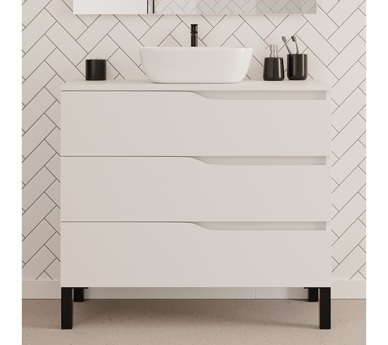 Meuble De Salle De Bain 90cm Avec Plateau Et Cuve - 3 Tiroirs - Sans Miroir - Blanc - Mata