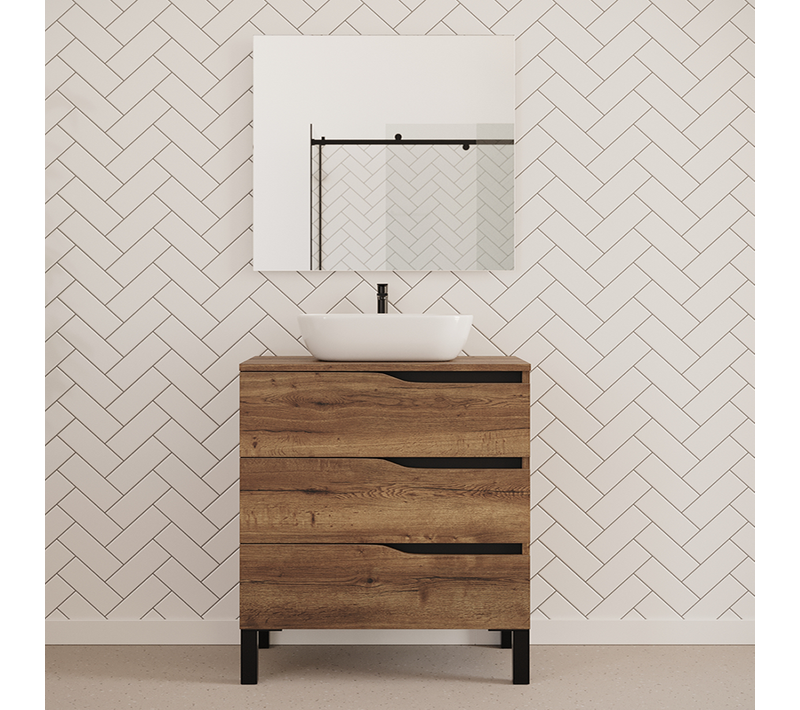 Meuble De Salle De Bain 80cm Avec Plateau Et Cuve - 3 Tiroirs - Tabaco - Mata
