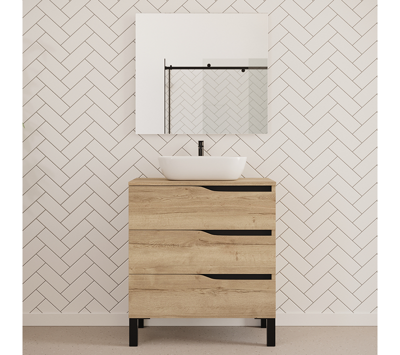 Meuble De Salle De Bain 70cm Avec Plateau Et Cuve - 3 Tiroirs - Chêne Clair - Mata