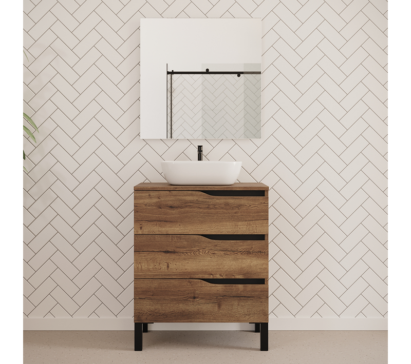Meuble De Salle De Bain 60cm Avec Plateau Et Cuve - 3 Tiroirs - Tabaco - Mata