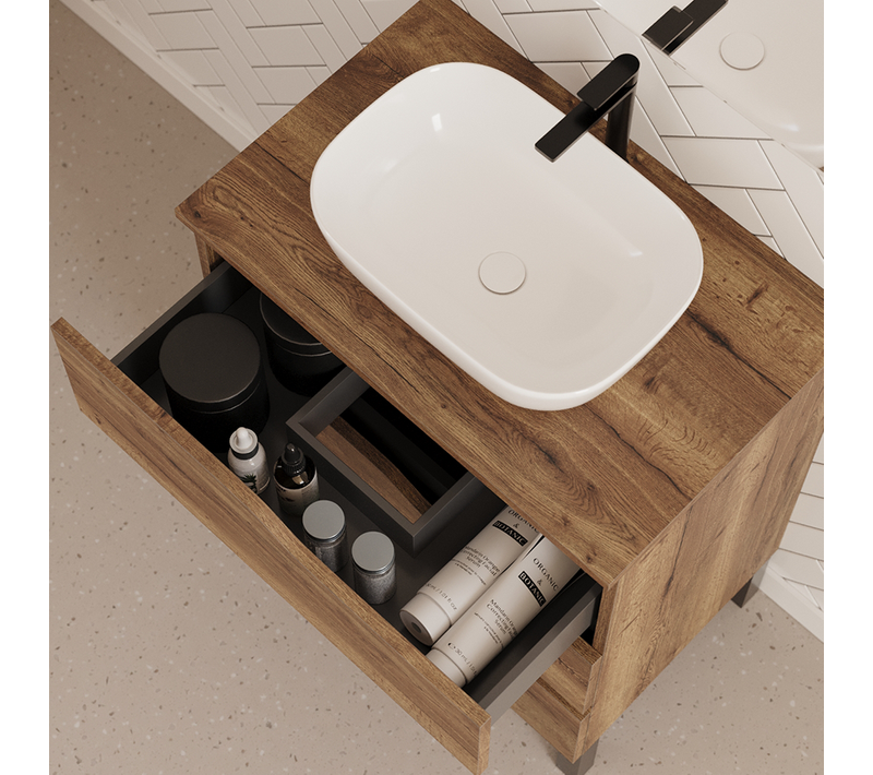 Meuble De Salle De Bain 60cm Avec Plateau Et Cuve - 3 Tiroirs - Sans Miroir - Tabaco - Mata