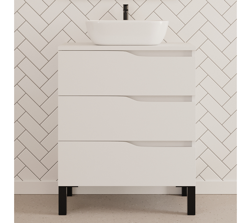 Meuble De Salle De Bain 60cm Avec Plateau Et Cuve - 3 Tiroirs - Sans Miroir - Blanc - Mata