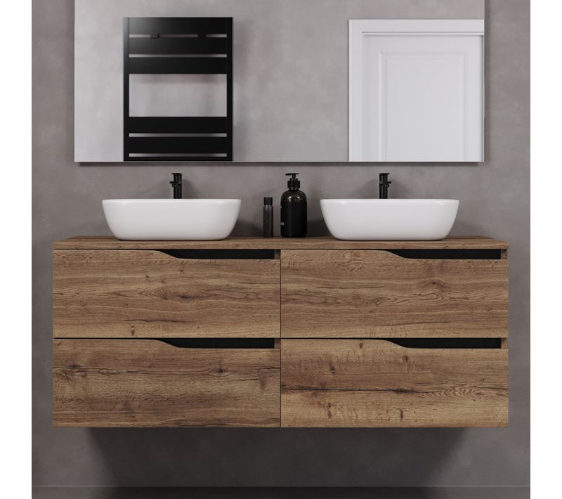 Meuble De Salle De Bain 140cm Avec Plateau Et Vasques à Poser - 4 Tiroirs - Tabaco - Luna