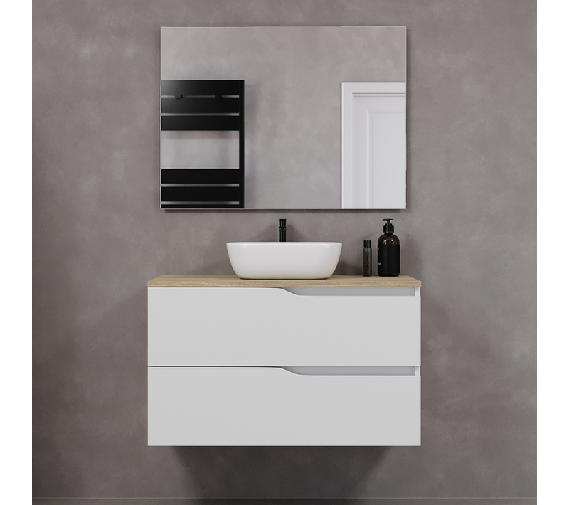 Meuble De Salle De Bain 90cm Avec Plateau Miel Et Vasque à Poser Zeus - 2 Tiroirs - Blanc - Luna