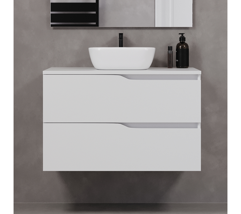 Meuble De Salle De Bain 90cm Avec Plateau Et Cuve - 2 Tiroirs - Blanc - Luna