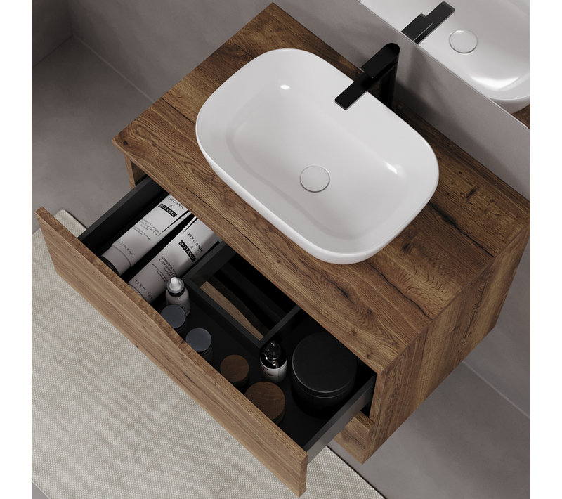 Meuble De Salle De Bain 80cm Avec Plateau Et Cuve - 2 Tiroirs - Sans Miroir - Tabaco - Luna