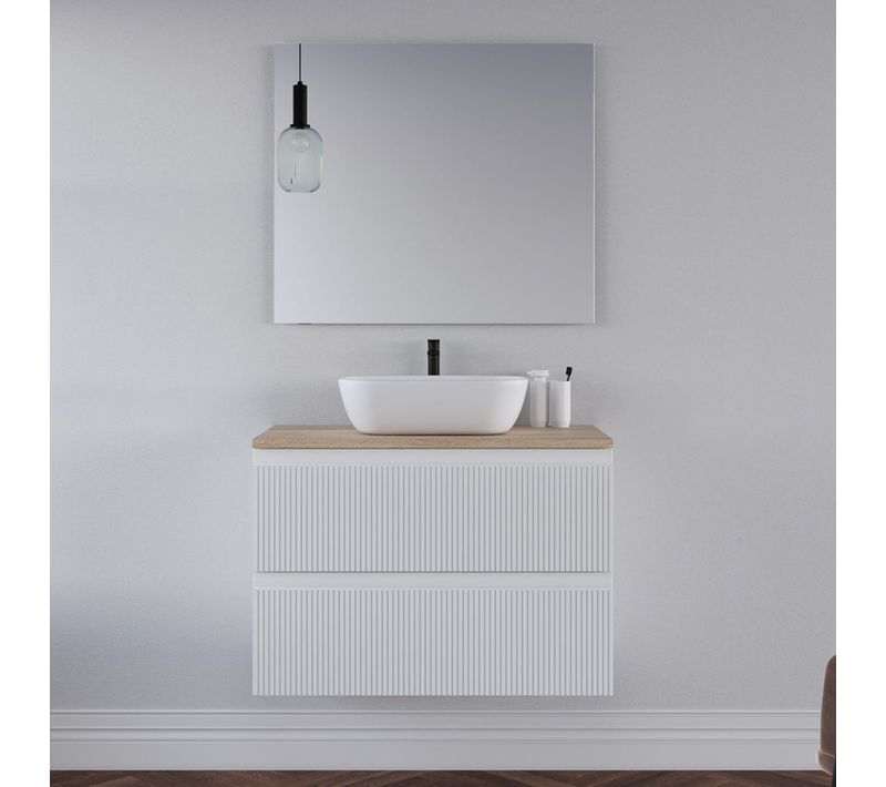 Meuble De Salle De Bain 80cm Avec Plateau Cambrian Et Cuve - 2 Tiroirs - Blanc - Ribera