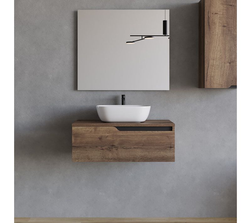 Meuble De Salle De Bain 80cm Avec Vasque à Poser Arrondie - 1 Tiroir - Tabaco (bois Foncé) - Cadix