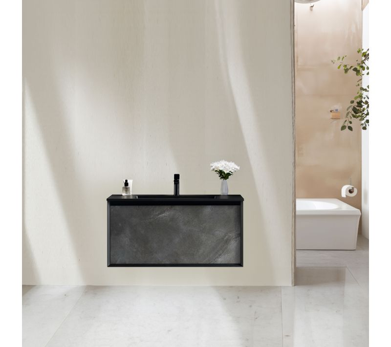 Meuble Avec Vasque 100 Cm Noir Effet Marbre Aquasasso