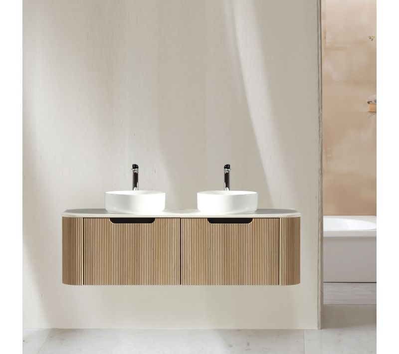 Meuble 140 Cm Chêne Clair Aquagiro Double Vasque à Poser Blanc Brillant