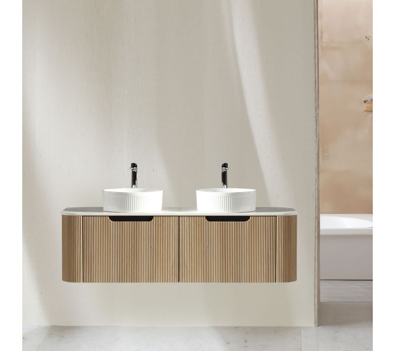 Meuble 140 Cm Chêne Clair Aquagiro Double Vasque à Poser Blanche Wave