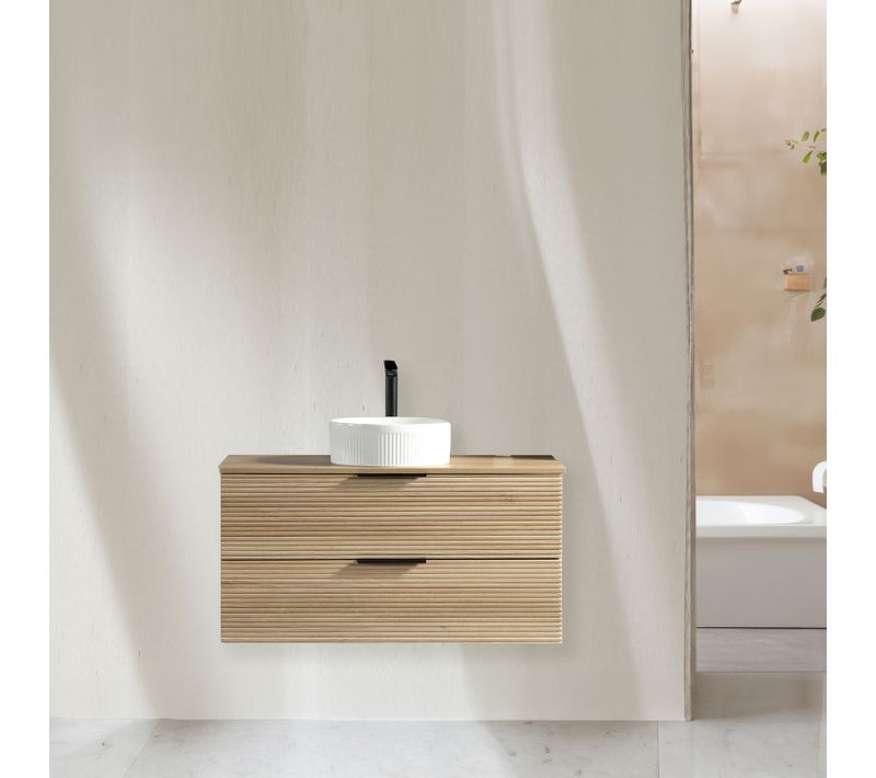 Meuble 100 Cm Chêne Clair Avec Vasque à Poser Blanc Wave Aqualinea-jindoli