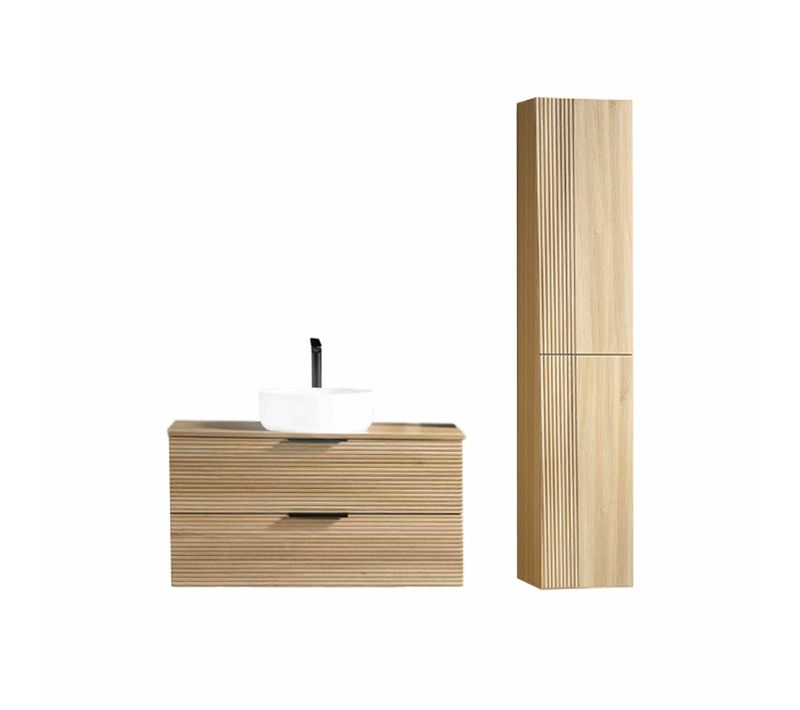 Ensemble Salle De Bain 120 Cm Chêne Clair Vasque à Poser Blanc Brillant Aqualinea